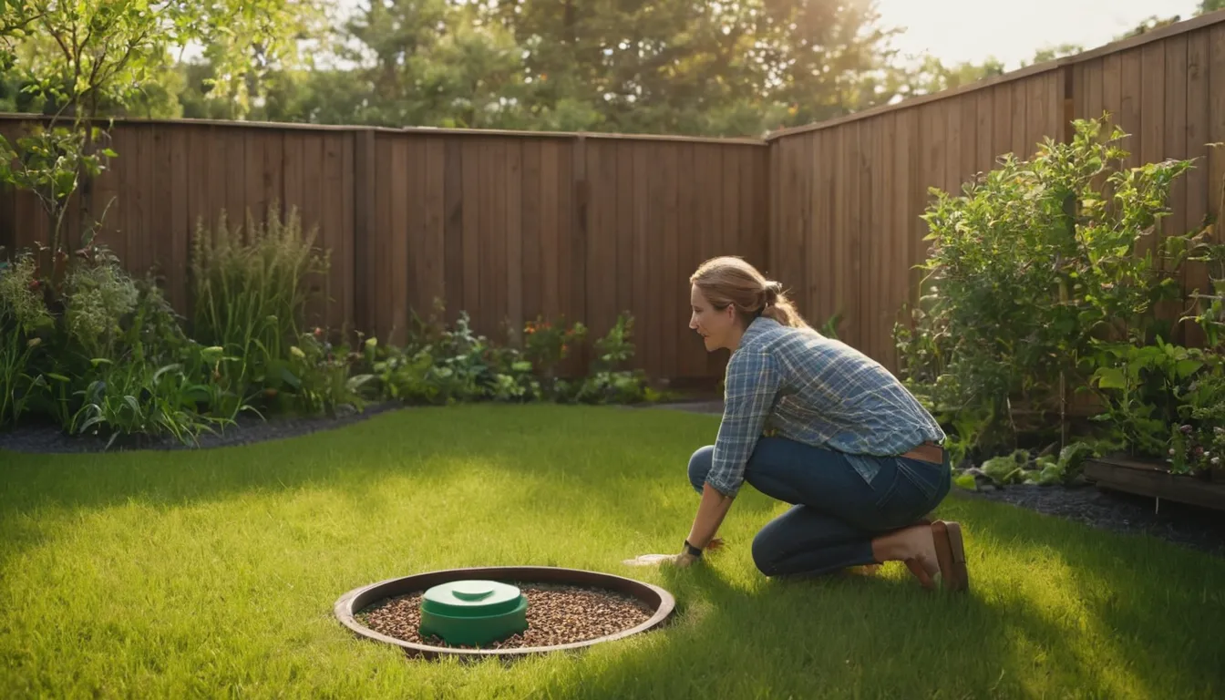 A homeowner checking a septic tank lid in a backyard in the St. Jacob area