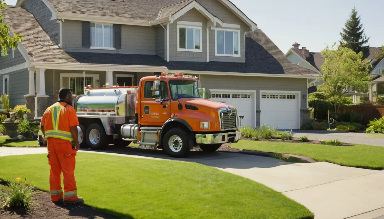 A friendly septic provider talking with a homeowner in a front yard in St. Jacob